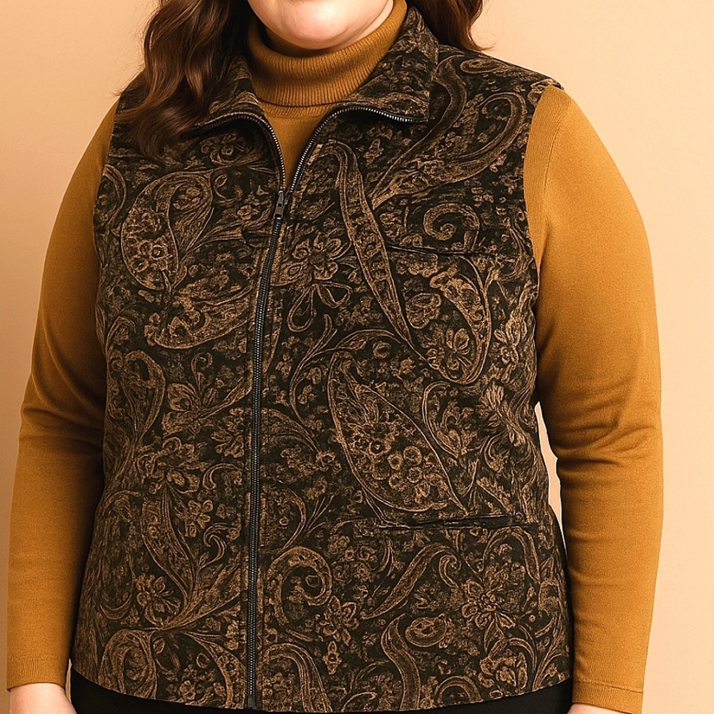 Koret Velvet Paisley Vest L  Zip Front Neutral Brown Black Plazacore Boho